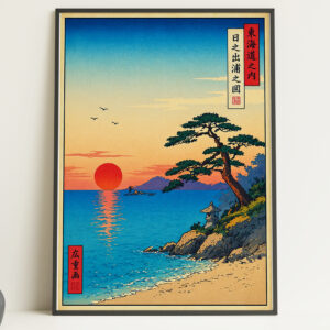 Japanese Sunset Beach Wall Art Print – Ukiyo-e Style Coastal Poster