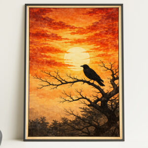 Crow Sunset Wall Art Print – Moody Bird Nature Poster
