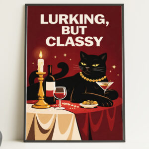 Lurking But Classy Black Cat Wall Art Print – Funny Retro Poster