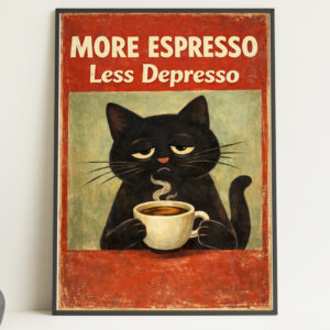 More Espresso Less Depresso Cat Wall Art Print – Funny Coffee Poster