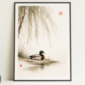 Mallard Duck Under Willow Tree Minimalist Wall Art Print – Calm Nature Poster