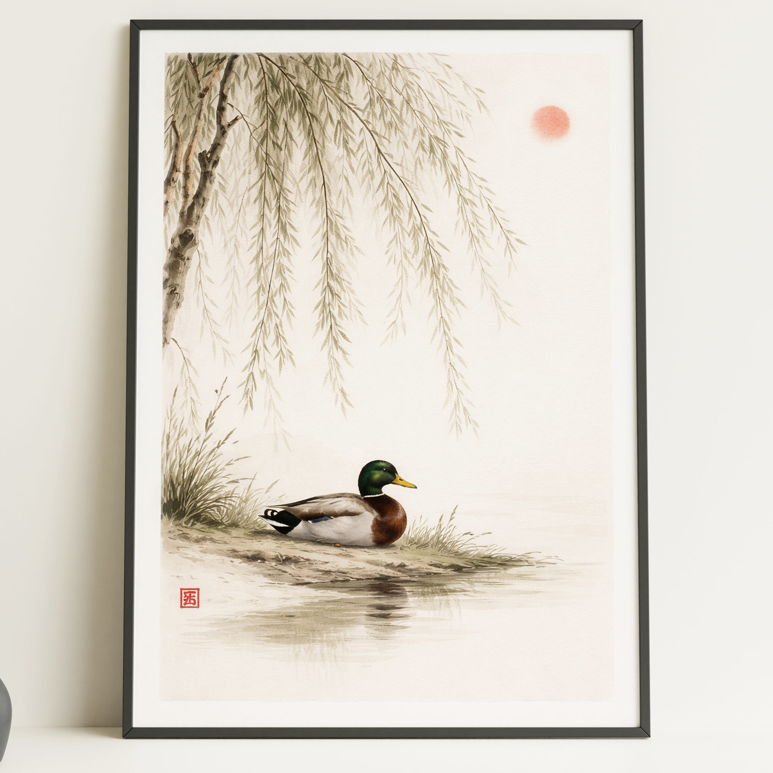 Mallard Duck Under Willow Tree Minimalist Wall Art Print – Calm Nature Poster