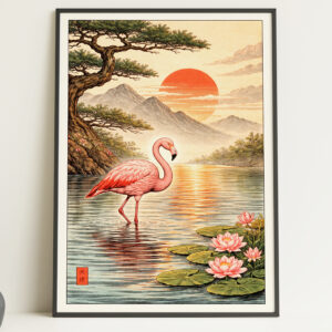 Japanese Flamingo Sunset Wall Art Print – Ukiyo-e Style Nature Poster