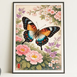 Japanese Butterfly Floral Wall Art Print – Ukiyo-e Style Nature Poster