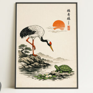 Japanese Crane and Turtle Wall Art Print – Ukiyo-e Style Nature Poster