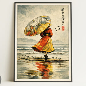 Woman With Umbrella Japanese Wall Art Print – Rain Reflection Poster