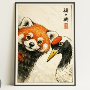 Red Panda and Crane Wall Art Print – Japanese Style Animal Poster