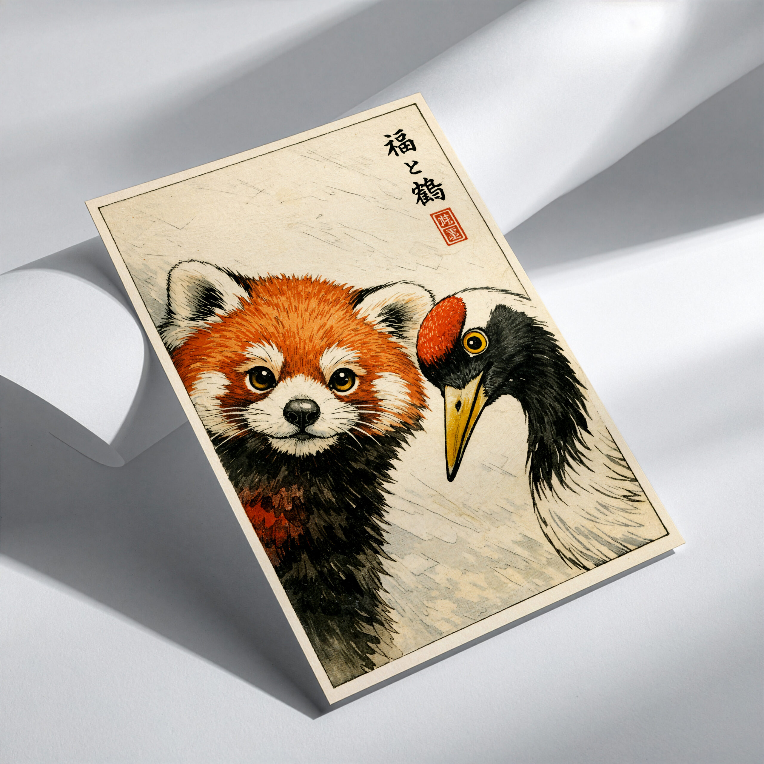 Red Panda and Crane Wall Art Print – Japanese Style Animal Poster - Image 3
