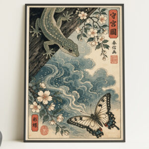 Lizard and Butterfly Japanese Wall Art Print – Ukiyo-e Style Nature Poster