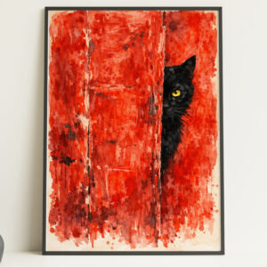 Peeking Black Cat Wall Art Print – Bold Red Animal Poster