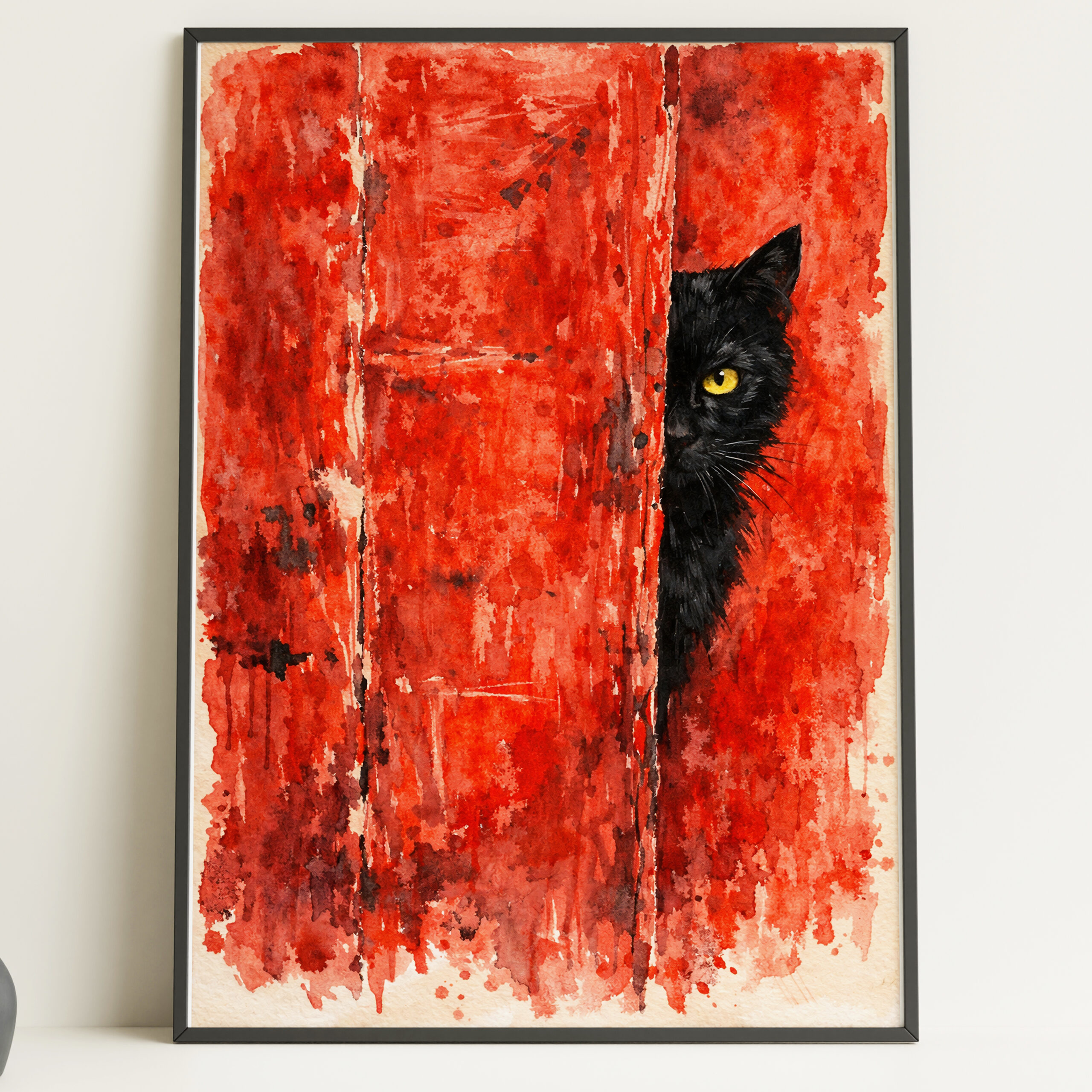 Peeking Black Cat Wall Art Print – Bold Red Animal Poster