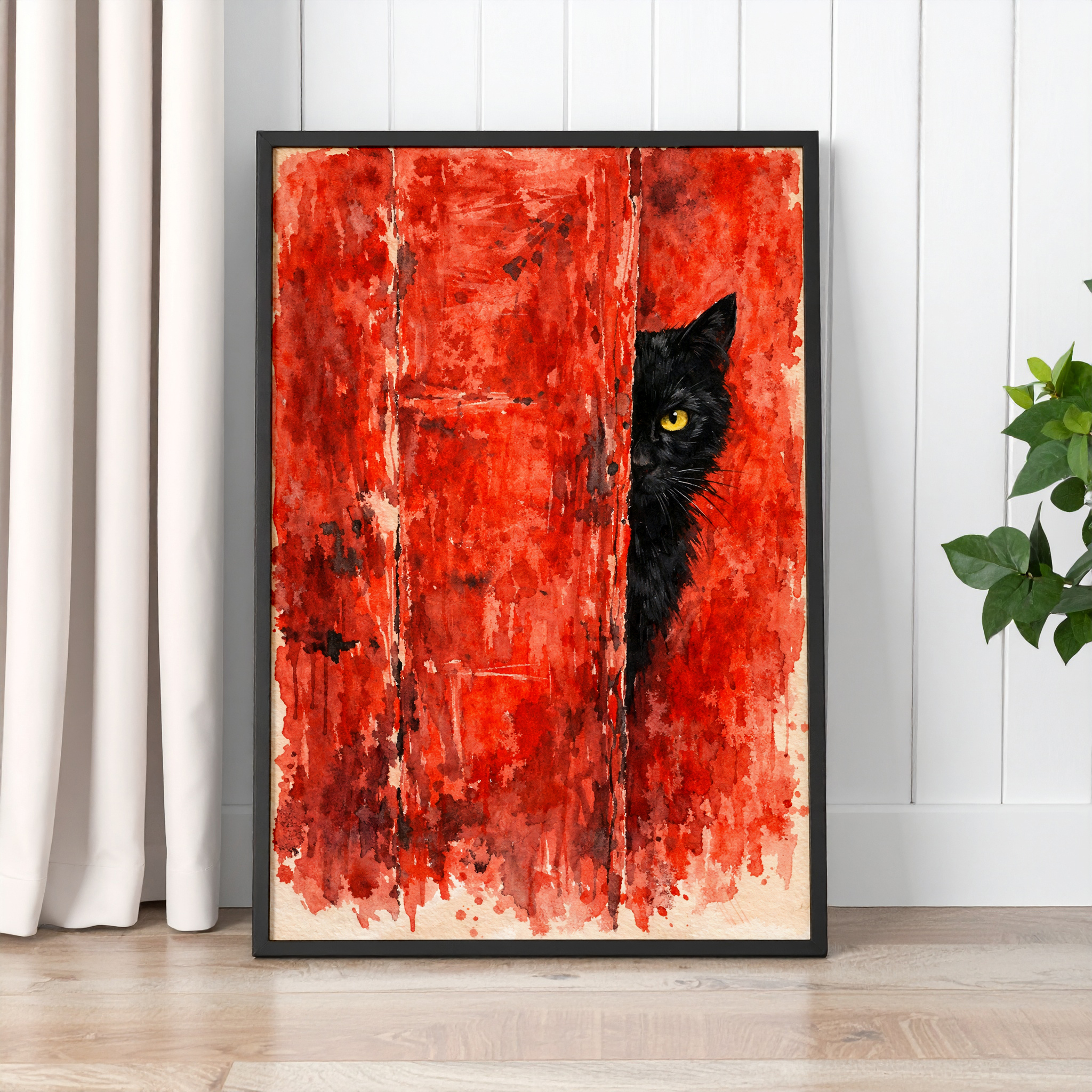 Peeking Black Cat Wall Art Print – Bold Red Animal Poster - Image 2