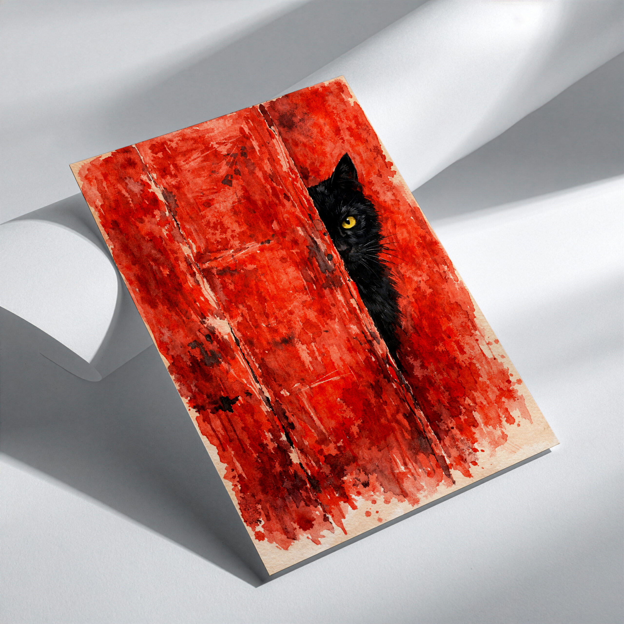 Peeking Black Cat Wall Art Print – Bold Red Animal Poster - Image 3