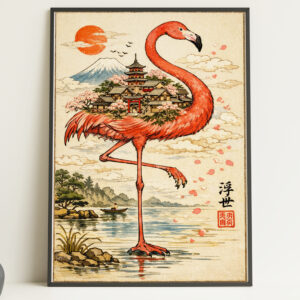 Japanese Flamingo Temple Wall Art Print – Ukiyo-e Style Nature Poster