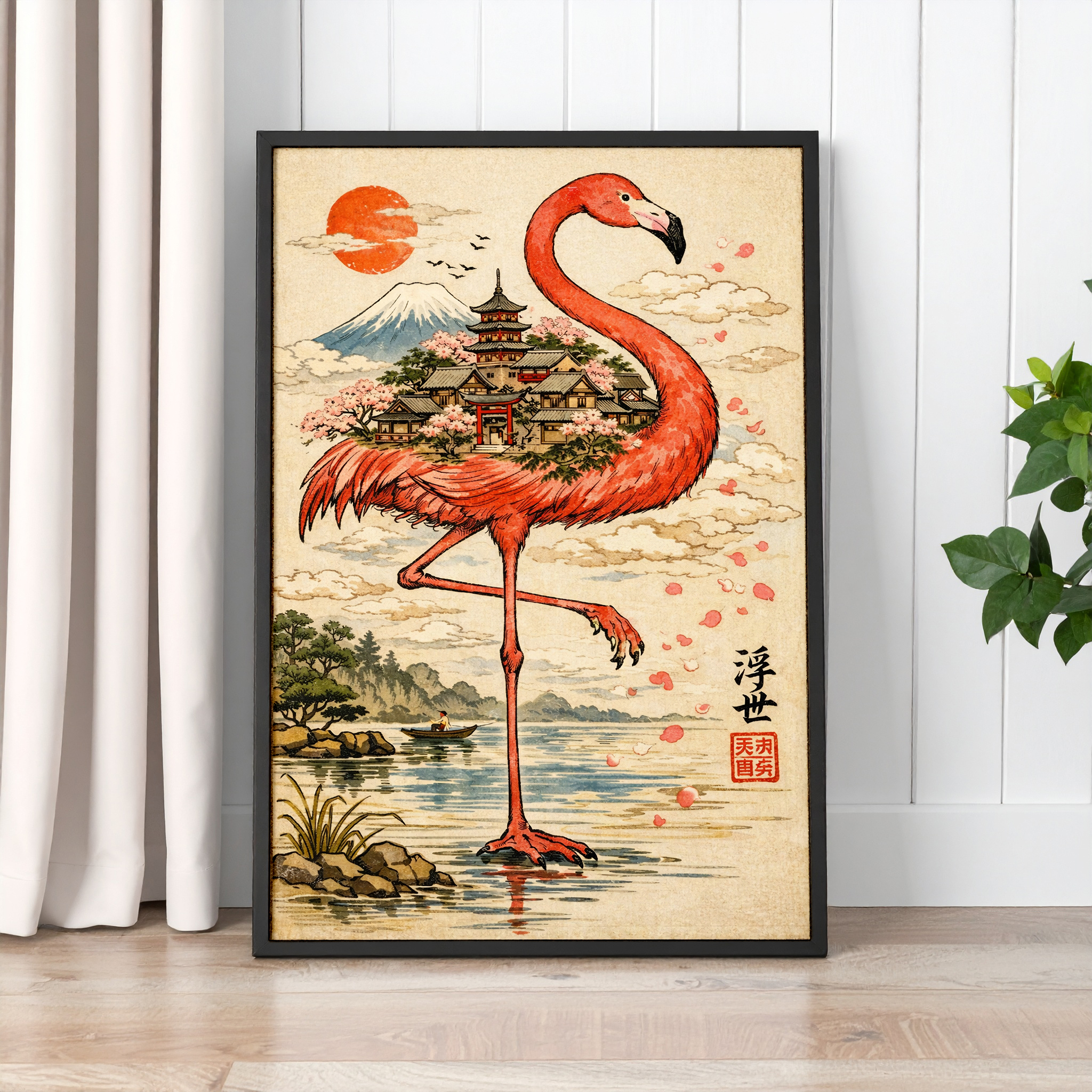 Japanese Flamingo Temple Wall Art Print – Ukiyo-e Style Nature Poster - Image 2