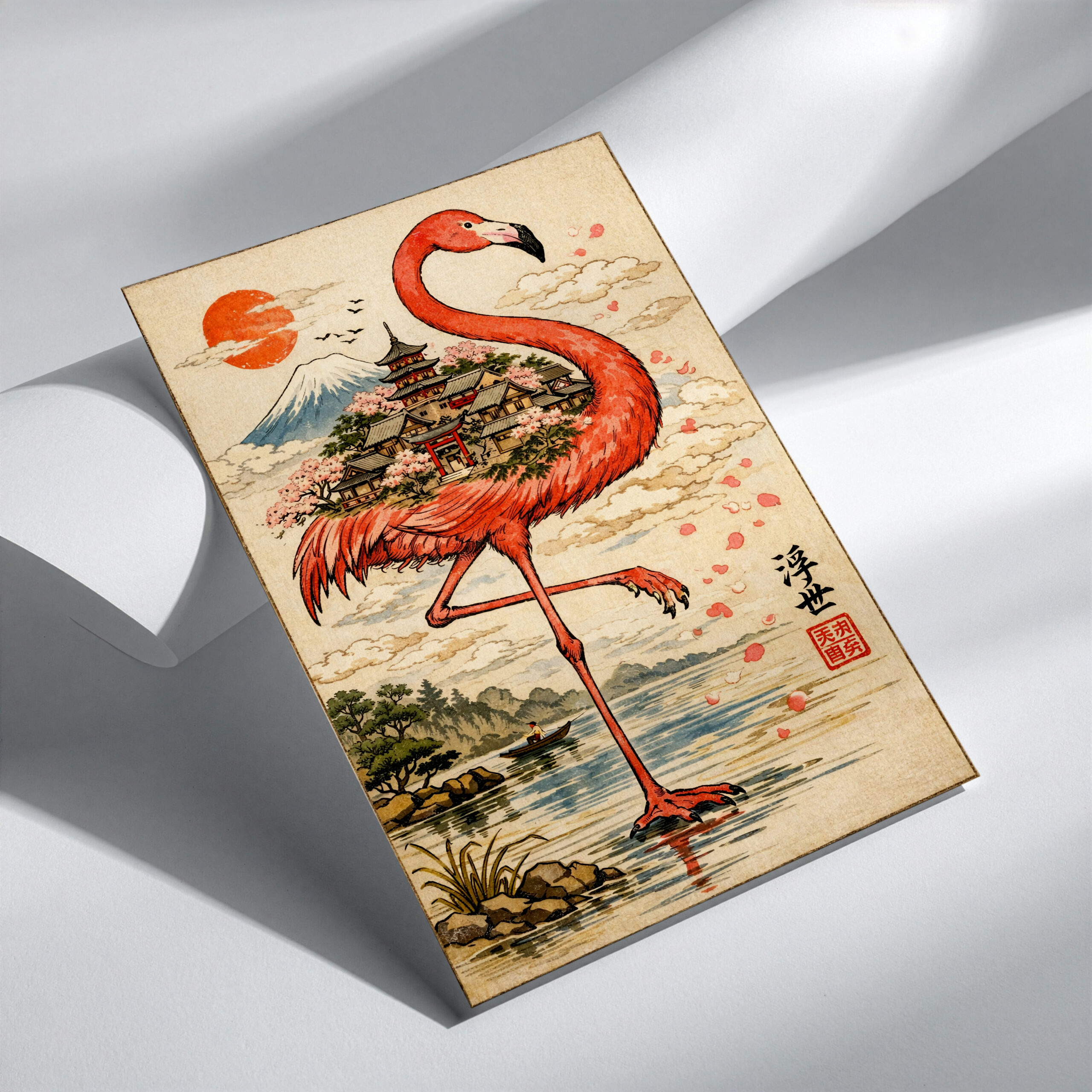 Japanese Flamingo Temple Wall Art Print – Ukiyo-e Style Nature Poster - Image 3