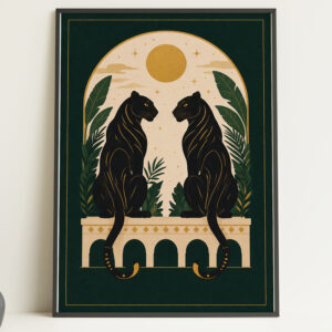 Black Panthers Moonlight Wall Art Print – Art Deco Style Animal Poster