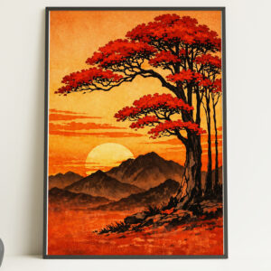 Japanese Sunset Tree Wall Art Print – Red Tree Landscape Poster