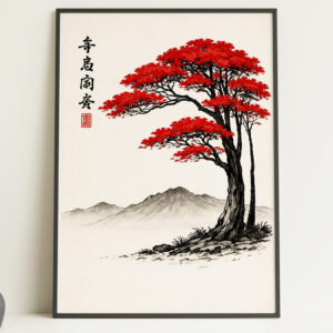 Japanese Red Tree Wall Art Print – Minimalist Nature Poster