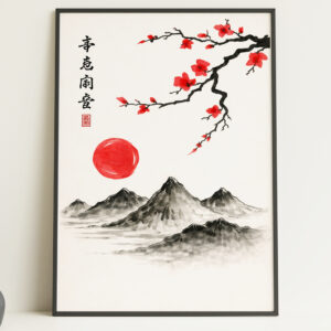 Japanese Blossom Mountain Wall Art Print – Minimalist Nature Poster