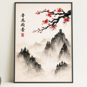 Misty Mountain Blossom Wall Art Print – Japanese Landscape Poster