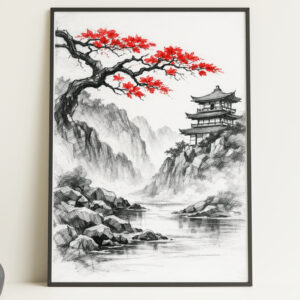 Japanese Temple Landscape Wall Art Print – Minimalist Nature Poster