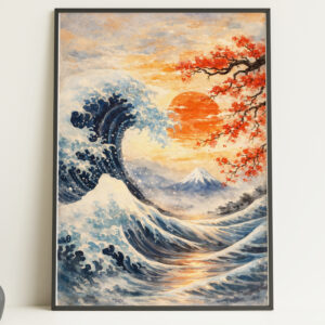 Japanese Great Wave Sunset Wall Art Print – Coastal Landscape Poster