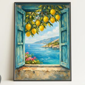 Mediterranean View Painting Wall Art Print – Coastal Lemon Window Poster