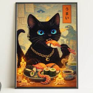 Black Cat Sushi Wall Art Print – Japanese Style Animal Poster