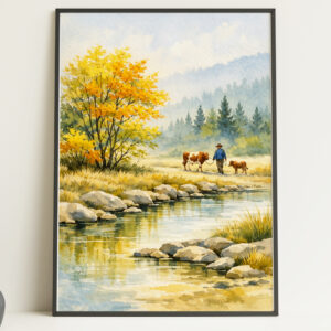 Autumn Countryside Wall Art Print – Peaceful River Landscape Poster