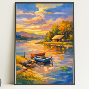 Lakeside Cottage Wall Art Print – Sunset Boat Landscape Poster