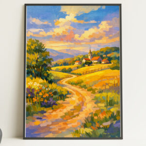 Countryside Path Wall Art Print – Colourful Village Landscape Poster