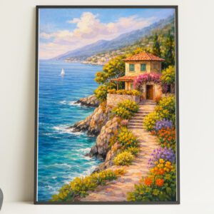 Mediterranean Coastal House Wall Art Print – Colourful Seaside Landscape Poster