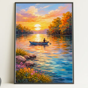 Sunset Lake Boat Wall Art Print – Peaceful Nature Landscape Poster