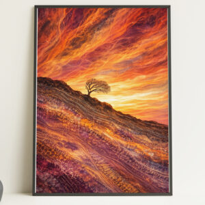 Fiery Hillside Tree Wall Art Print – Dramatic Sunset Landscape Poster