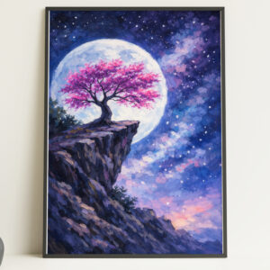 Moonlit Blossom Tree Wall Art Print – Fantasy Night Sky Landscape Poster