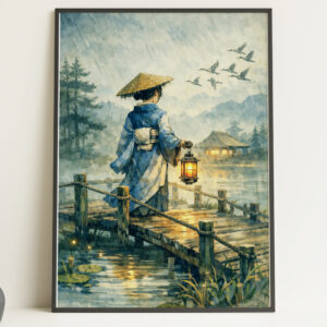 Japanese Village Wall Art Print – Lantern Rain Scene