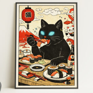 Black Cat Sushi Ukiyo-e Wall Art Print – Japanese Style Poster