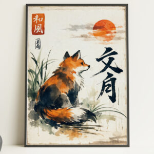 Fox Under Red Sun – Japanese Style Art Print Poster