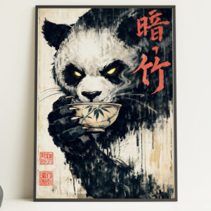 Black Panda Drinking Tea – Japanese Style Art Print Poster
