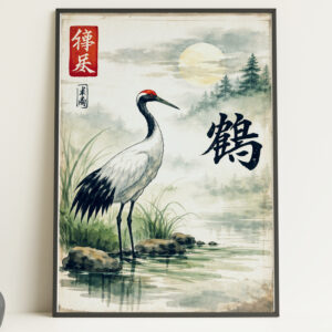 Japanese Crane by Moonlight – Japanese Style Art Print Poster
