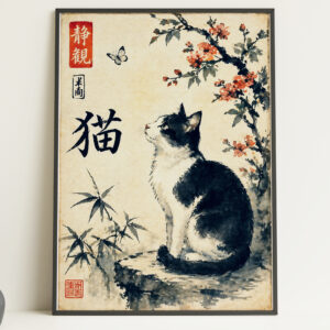 Black and White Cat – Japanese Style Art Print Poster