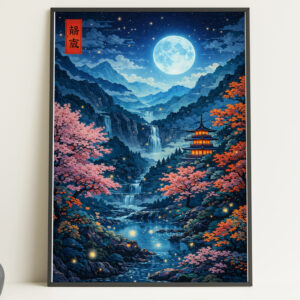 Moonlit Japanese Landscape Wall Art Print – Blue Mountain Night Poster