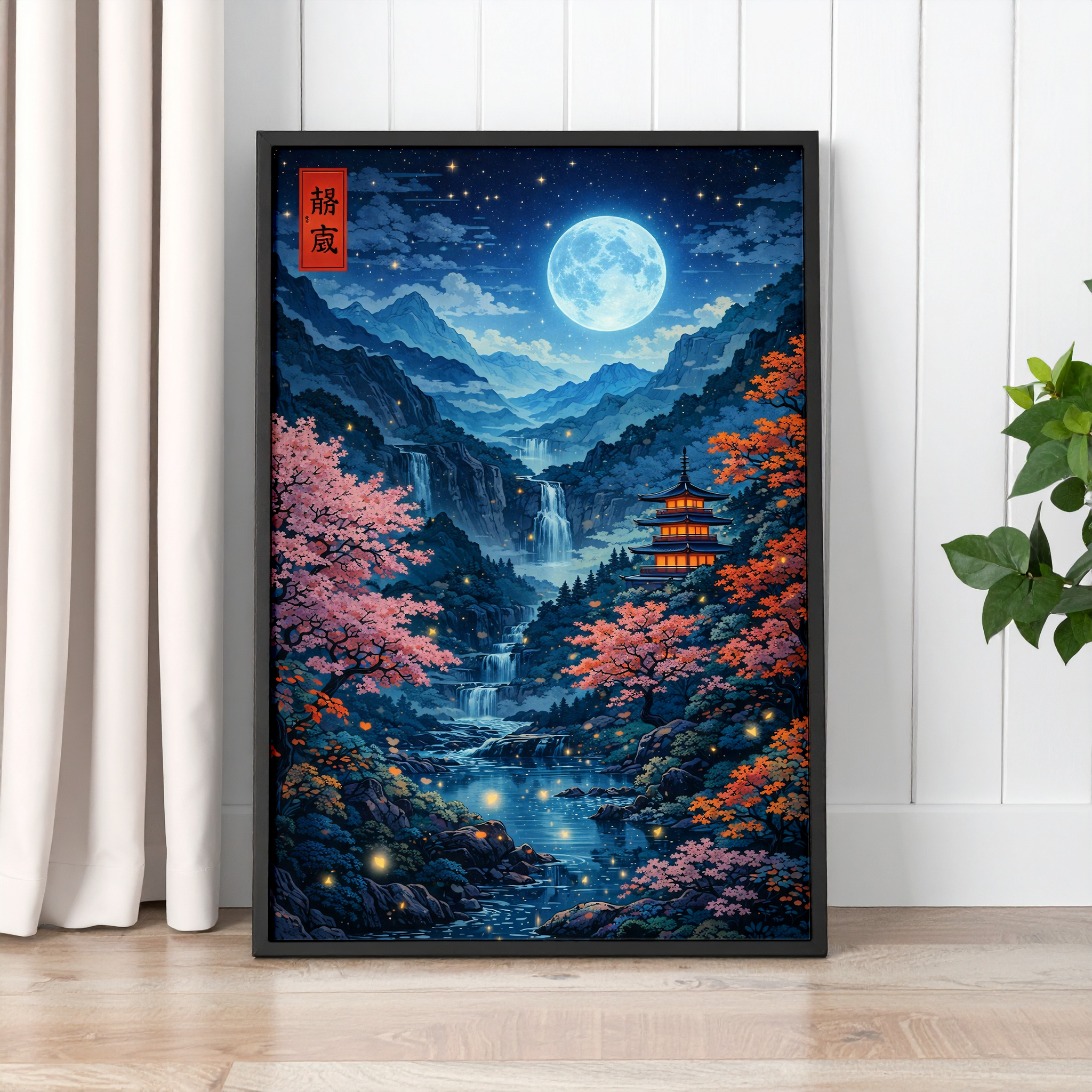 Moonlit Japanese Landscape Wall Art Print – Blue Mountain Night Poster - Image 2
