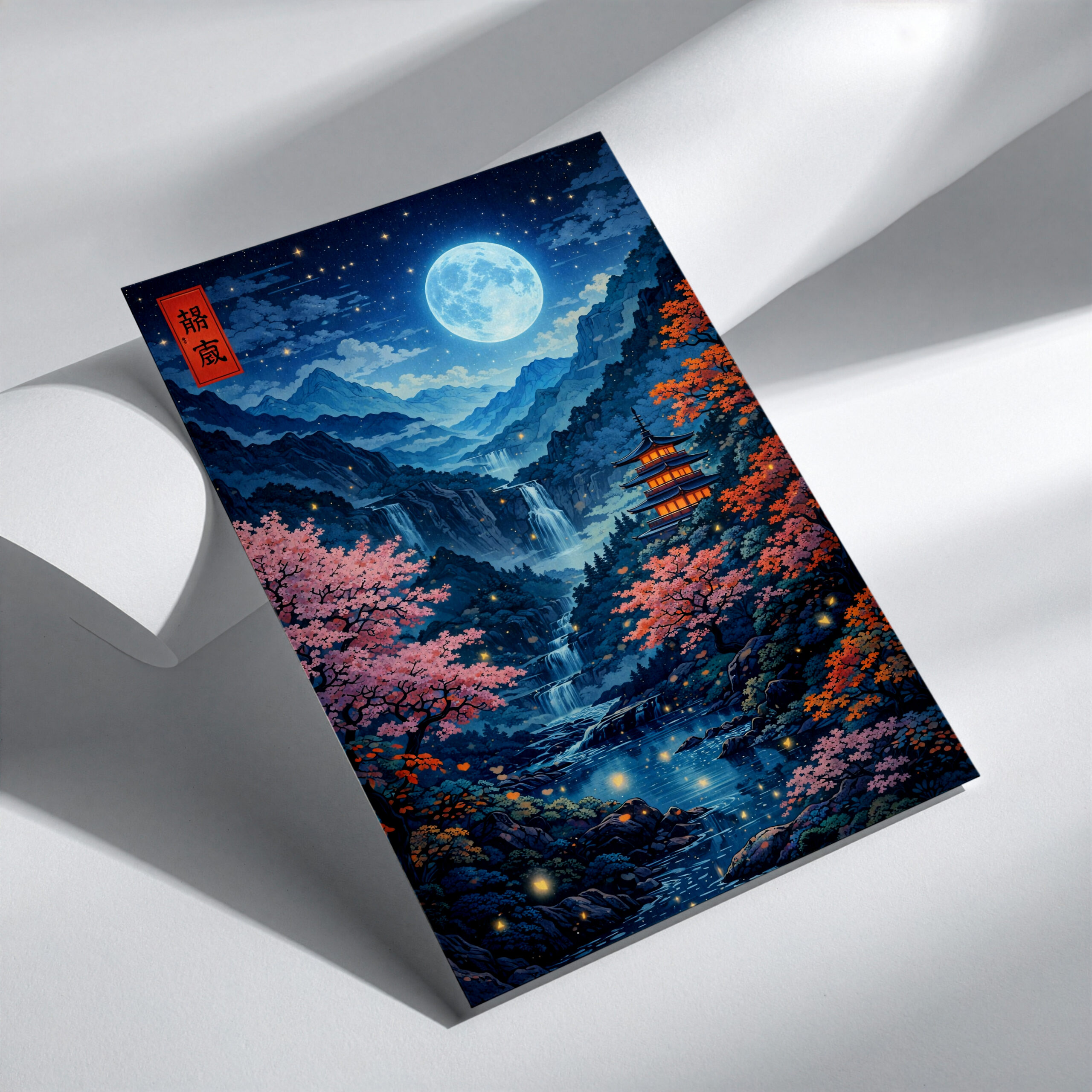 Moonlit Japanese Landscape Wall Art Print – Blue Mountain Night Poster - Image 3