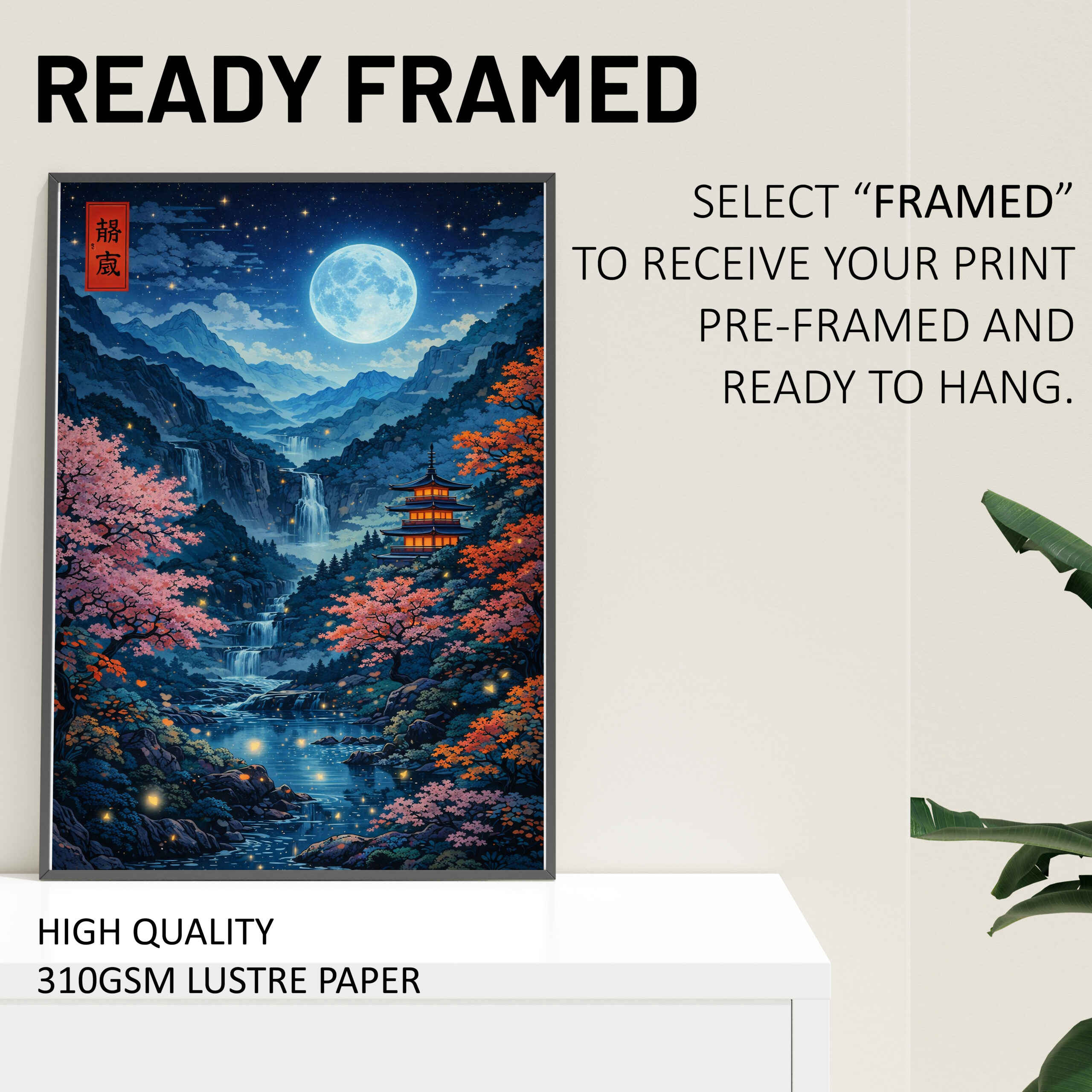 Moonlit Japanese Landscape Wall Art Print – Blue Mountain Night Poster - Image 4