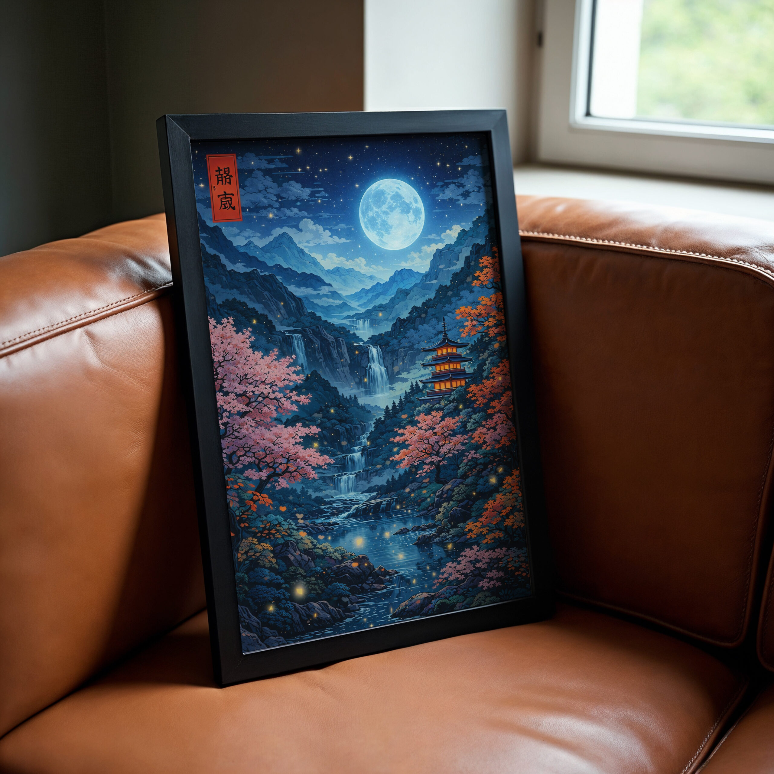 Moonlit Japanese Landscape Wall Art Print – Blue Mountain Night Poster - Image 5