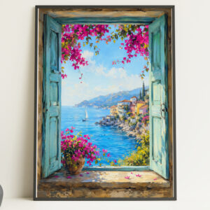Mediterranean Sea View Window – Coastal Art Print Poster