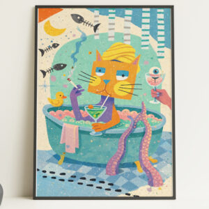 Smoking Cat Taking a Bath Wall Art Print – Funny Bathroom Decor Poster